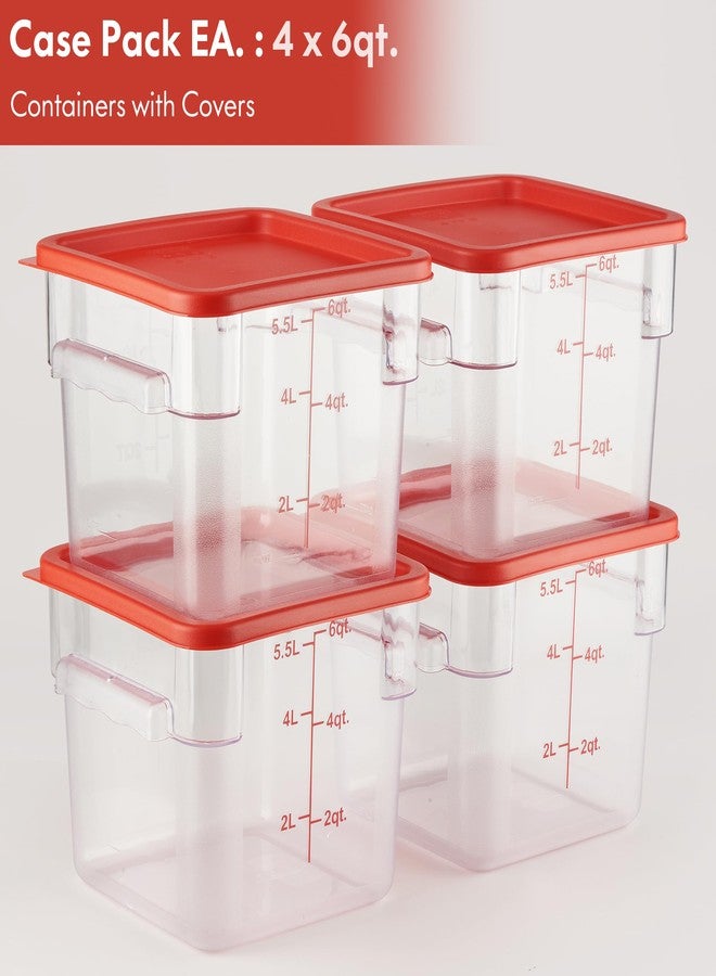 CURTA 4 Pack Food Storage Container with Red Lid - NSF Commercial Grade in 6.0 Qt - Square, Clear, Polycarbonate - Image 2